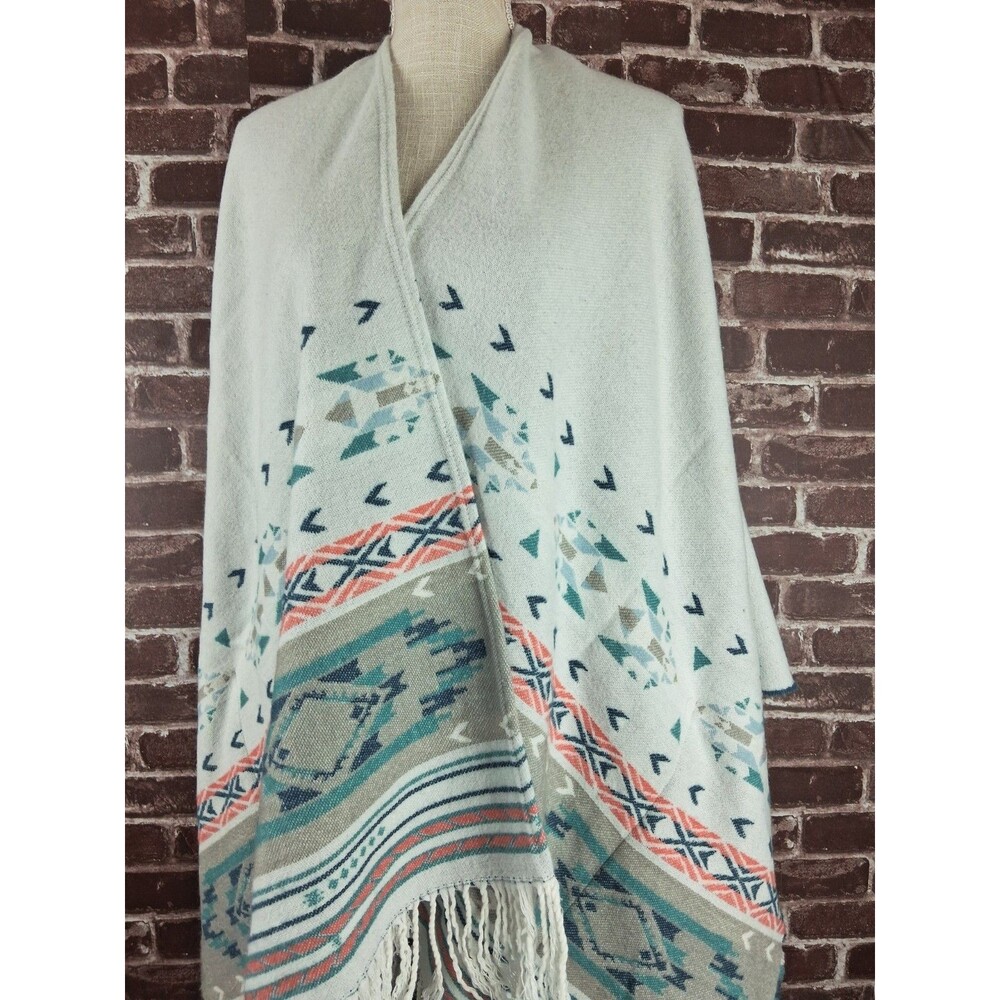 American Eagle Aztec Knit Fringe Poncho Cardigan Shawl Wrap OS Wearable Blanket